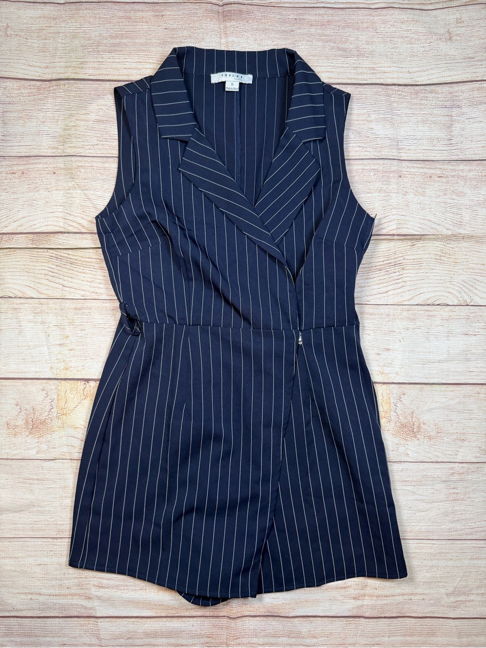 Academia Old Money Preppy Sleeveless Navy Pinstripe Romper Dress
